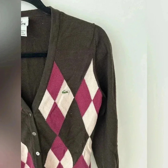 Lacoste fine merino wool argyle brown cardigan sweater - Picture 4 of 11